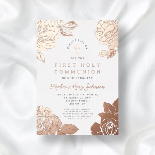 Floral Elegant First Communion Rose Gold   Foil Invitation