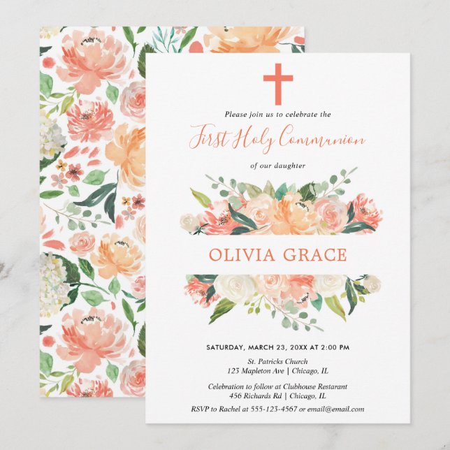 Floral elegant first holy communion girl invitation (Front/Back)