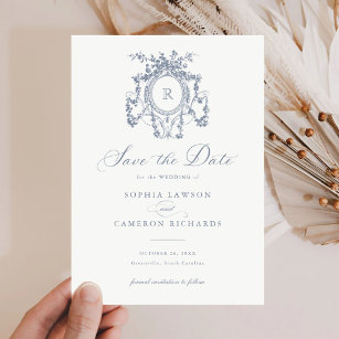 Classic & Traditional Wedding Save the Date with Monogram Crest in Navy Blue  and Gold with Envelope and Guest Addressing — Other Colors!