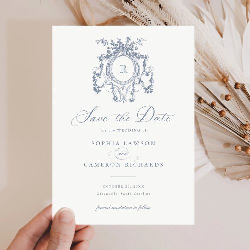 Floral Elegant French Roses Crest Blue Save Date Invitation