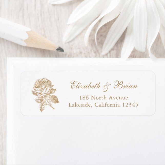 Floral Elegant French Roses Gold Wedding Address Label (Insitu)