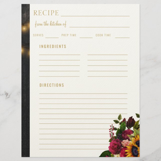 Floral elegant from the kitchen of blank recipe letterhead (Front)