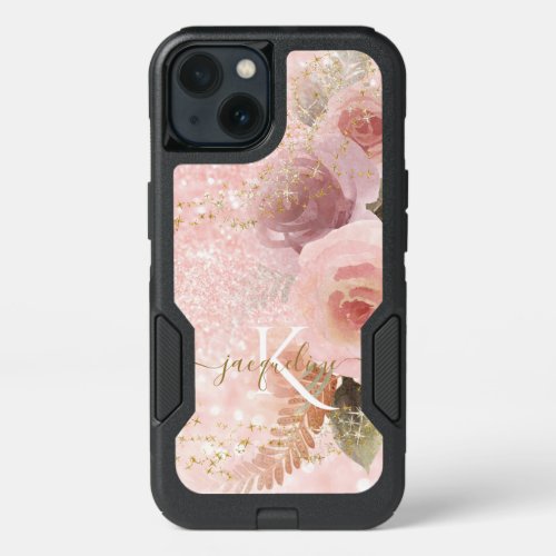 Floral Elegant Girly Pink Glitter Gold Stars Name iPhone 13 Case