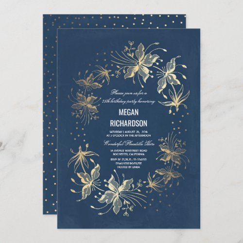 Floral Elegant Gold and Navy Birthday Party Invitation - Gold flowers, confetti dots, and old navy vintage background birthday party invitations.