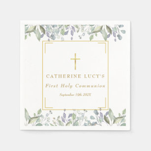 Floral Elegant Gold Cross First Holy Communion Napkins
