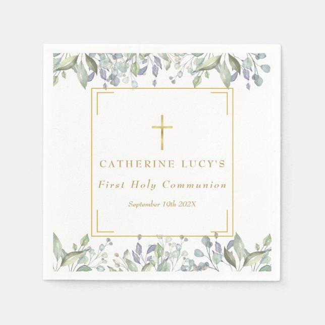 Floral Elegant Gold Cross First Holy Communion Napkins (Front)