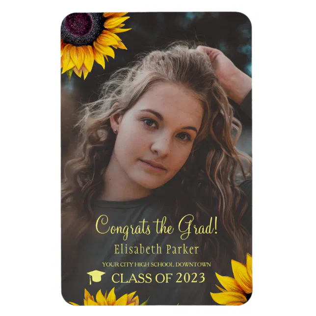 Floral elegant gold script grad photo graduation magnet | Zazzle