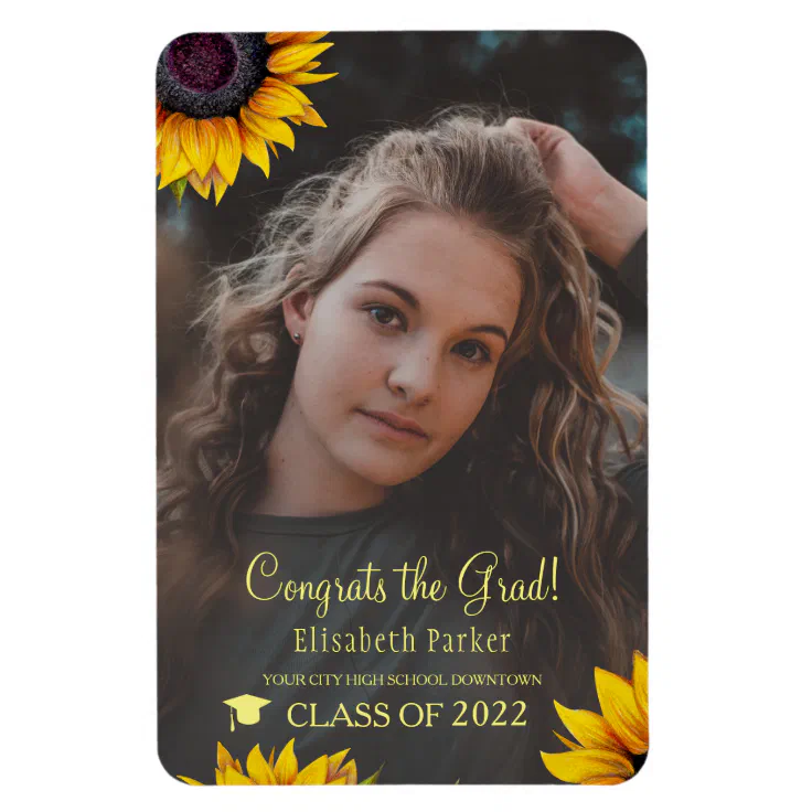 Floral elegant gold script grad photo graduation magnet | Zazzle