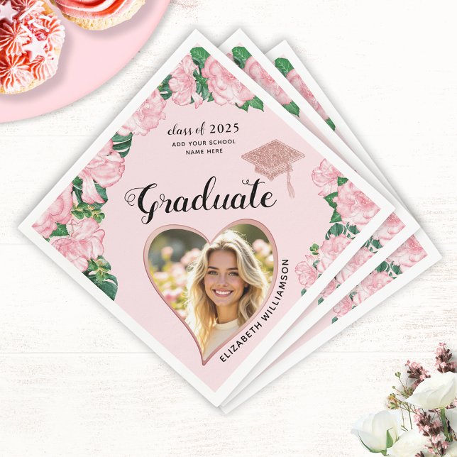 Floral Elegant Grads Photo 2025 Pink Graduation Napkins (Creator Uploaded)