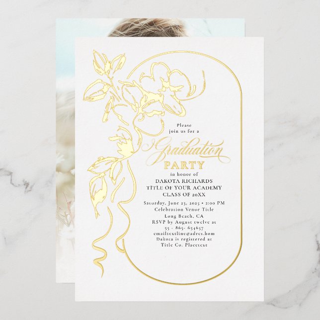 Floral Elegant Graduation Party Photo Gold Foil Invitation (Front/Back)