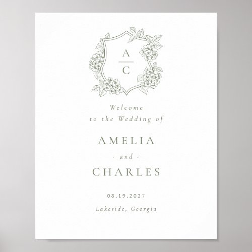 Floral Elegant Hydrangea Crest Wedding Welcome Poster