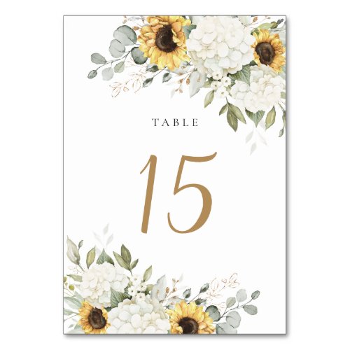 Floral Elegant Hydrangea Sunflowers Wedding Table Number