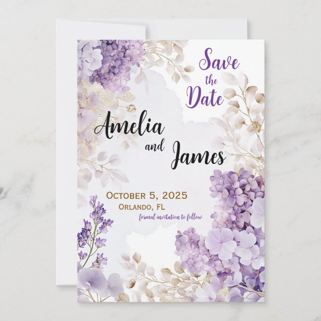 Floral Elegant Lavender Wedding Save the Date Invitation (Front)