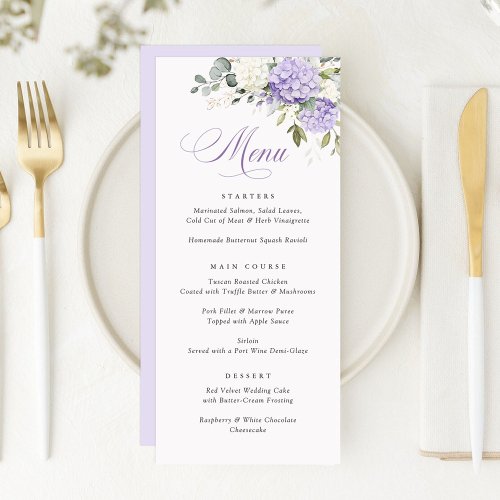 Floral Elegant Lilac White Hydrangea Wedding Menu