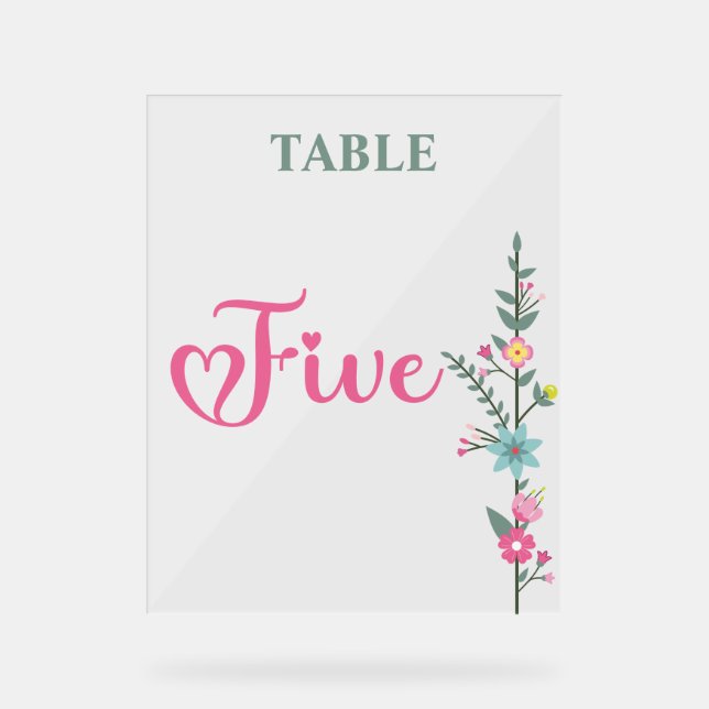 Floral Elegant  Love Wedding Table Number FIVE Acrylic Sign (Front)