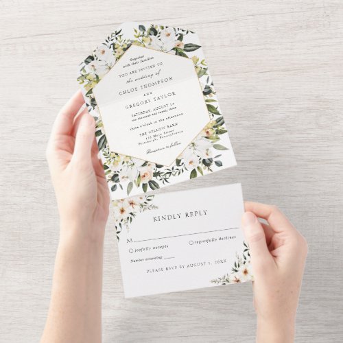 Floral Elegant Magnolia and Greenery Wedding All In One Invitation