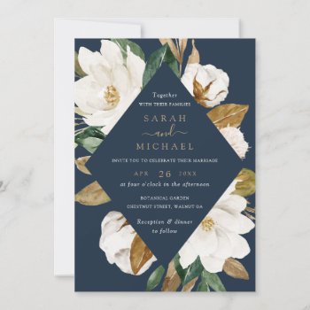 Floral Elegant Magnolia Beige Navy Wedding Invitation by HannahMaria at Zazzle