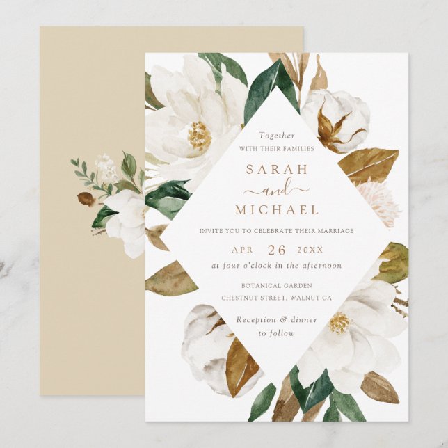 Floral Elegant Magnolia Beige Neutral Wedding Invitation (Front/Back)