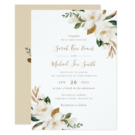 Floral Elegant Magnolia Beige Neutral Wedding Invitation