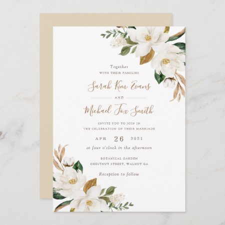 Floral Elegant Magnolia Beige Neutral Wedding Invitation