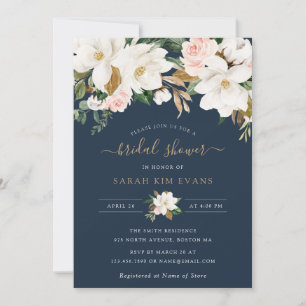 Floral Elegant Magnolia Blush Navy Bridal Shower Invitation