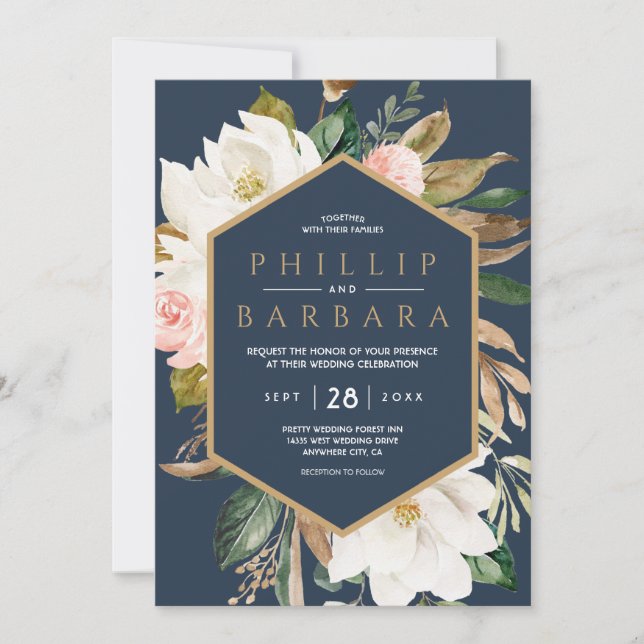 Floral Elegant Magnolia Blush Navy Neutral Invitation (Front)