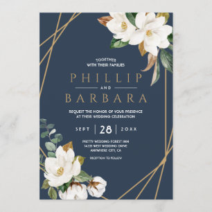 Floral Elegant Magnolia Blush Navy Neutral Invitation