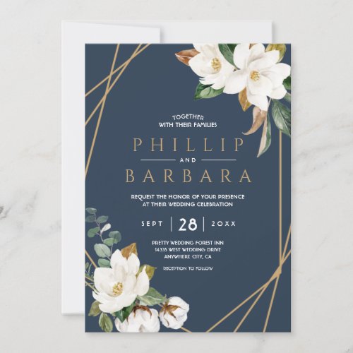 Floral Elegant Magnolia Blush Navy Neutral Invitation