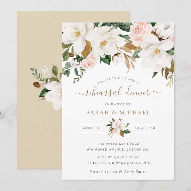 Floral Elegant Magnolia Blush Neutral Rehearsal Invitation (Front/Back)