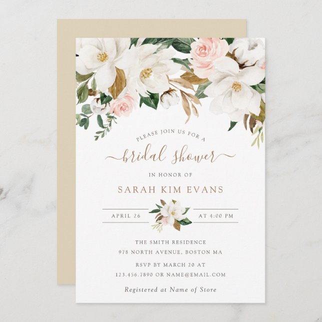 Floral Elegant Magnolia Blush White Bridal Shower Invitation (Front/Back)
