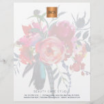 Floral elegant metallic gold copper monogrammed letterhead<br><div class="desc">Simple luxurious glamorous letterhead  with hand painted watercolor peonies bouquet for business / professional use with monogrammed shiny beige tan copper metallic look geometric square label. Perfect choice for a stylish feminine sophisticated business image. ----- Personalize it with your business name and initials / monogram and your contact details!</div>