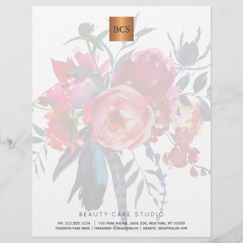 Floral elegant metallic gold copper monogrammed letterhead