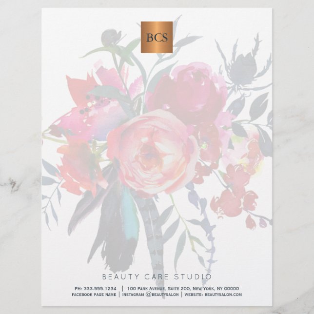Floral elegant metallic gold copper monogrammed letterhead (Front)