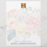 Floral elegant metallic gold copper monogrammed letterhead<br><div class="desc">Simple luxurious glamorous letterhead with hand painted watercolor pastel pink blush and ivory peach peonies bouquet with blue and green foliage for business / professional use with monogrammed shiny beige tan copper metallic look geometric square label. Perfect choice for a stylish feminine sophisticated business image. Personalize it with your business...</div>
