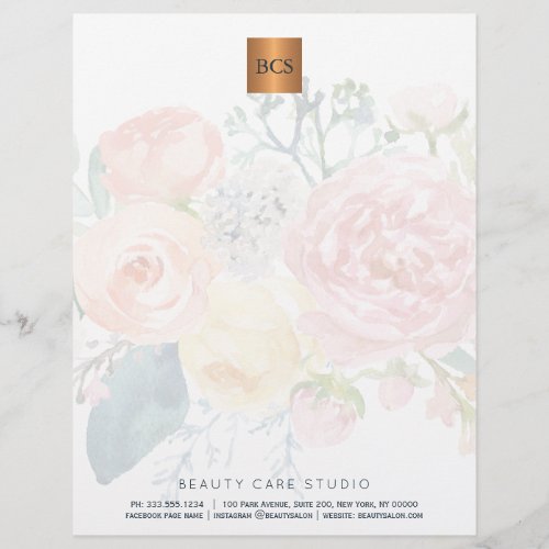 Floral elegant metallic gold copper monogrammed letterhead