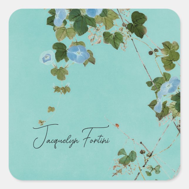 Floral Elegant Minimalist Calligraphy Add Name Square Sticker (Front)