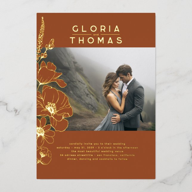 Floral Elegant Modern Terracotta Wedding Photo Foil Invitation (Front)