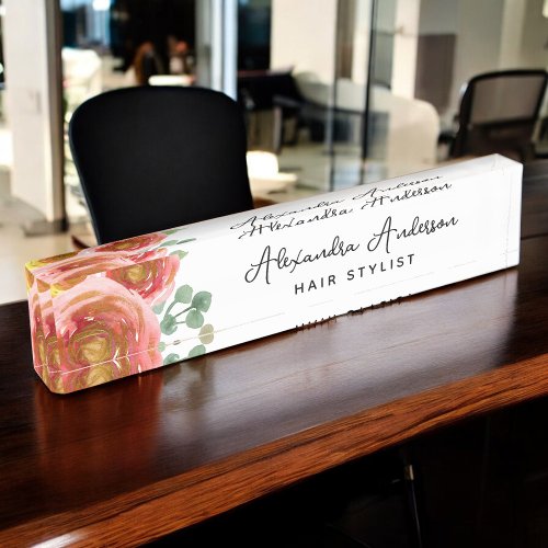 Floral Elegant Modern Watercolor Pastel Blush Pink Desk Name Plate