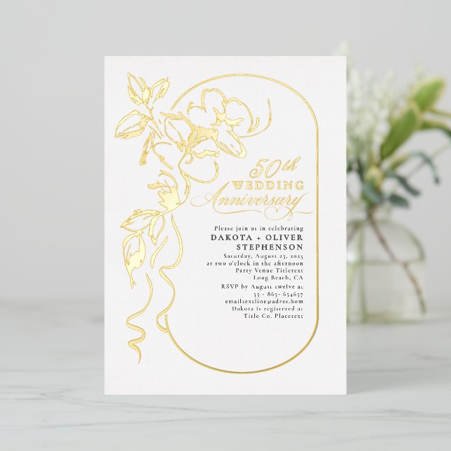 Floral Elegant Modern Wedding Anniversary Gold Foil Invitation (Standing Front)