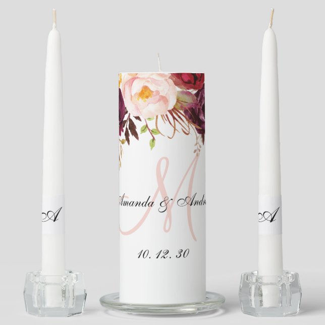 Floral Elegant Monogram Bride Groom Names Wedding Unity Candle Set (Front)