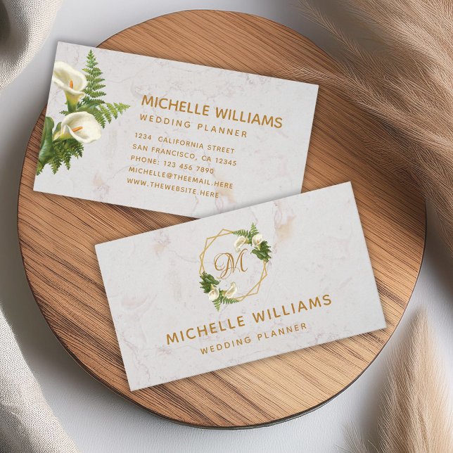 Floral Elegant Monogram Gold Calla Lilies Marble Business Card (Creator Uploaded)