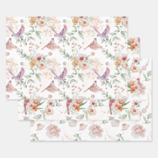 Floral Elegant Pattern Pretty Flowers Leaves Birds Wrapping Paper Sheets