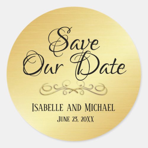 Floral  Elegant Personalized Save Our Date Gold Classic Round Sticker