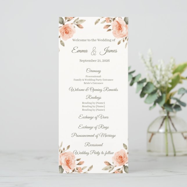 Floral Elegant Personalized Wedding Program Temp. (Standing Front)