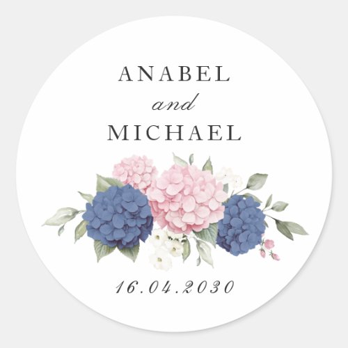 Floral Elegant Pink & Blue Hydrangea Envelope Classic Round Sticker