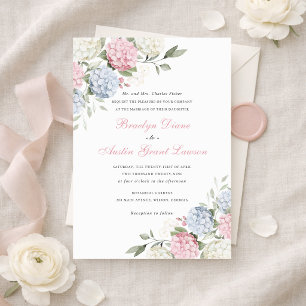 Floral Elegant Pink & Blue Hydrangea Wedding  Invitation