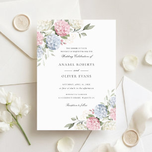 Floral Elegant Pink & Blue Hydrangea Wedding Invitation