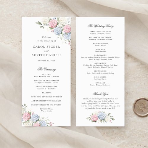 Floral Elegant Pink & Blue Hydrangea Wedding Program
