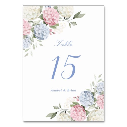 Floral Elegant Pink & Dusty Blue Hydrangea Wedding Table Number