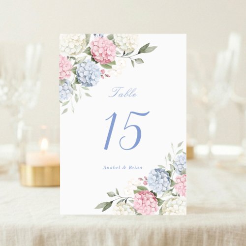Floral Elegant Pink & Dusty Blue Hydrangea Wedding Table Number